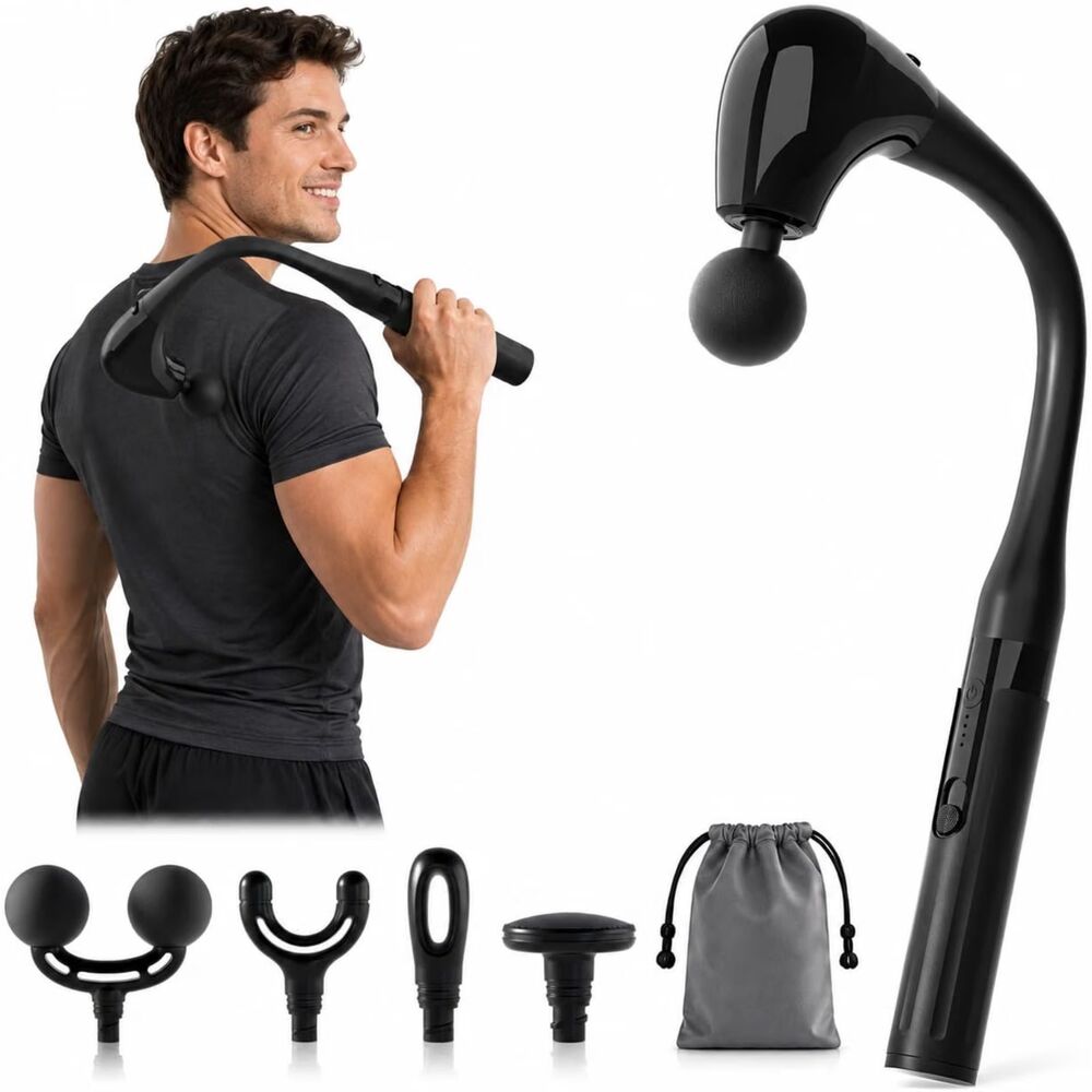 Massage Gun w/ Extension Handle 4-in-1, 5 Heads, 4 Speeds + Storage Bag